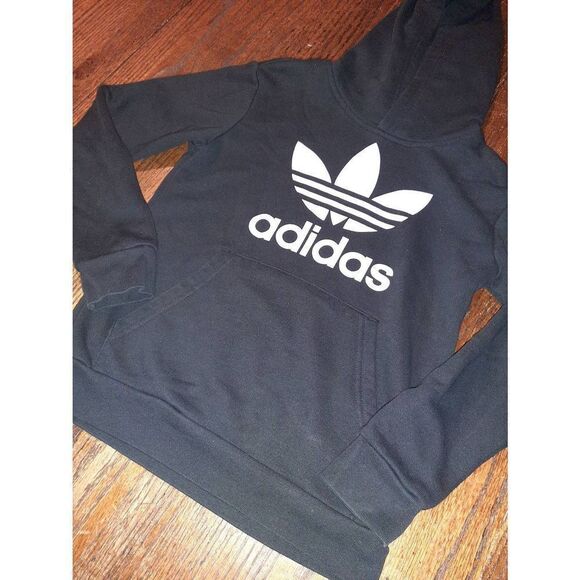 Youth Kids Small Adidas Black White Long Sleeve Pullover Hoodie Sweatshirt - Picture 3 of 4